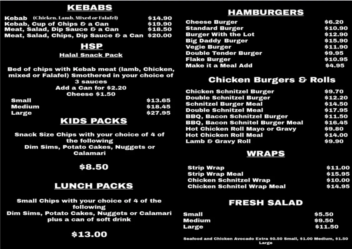 Menu, Koo Wee Rup Roast Chicken and Kebabs