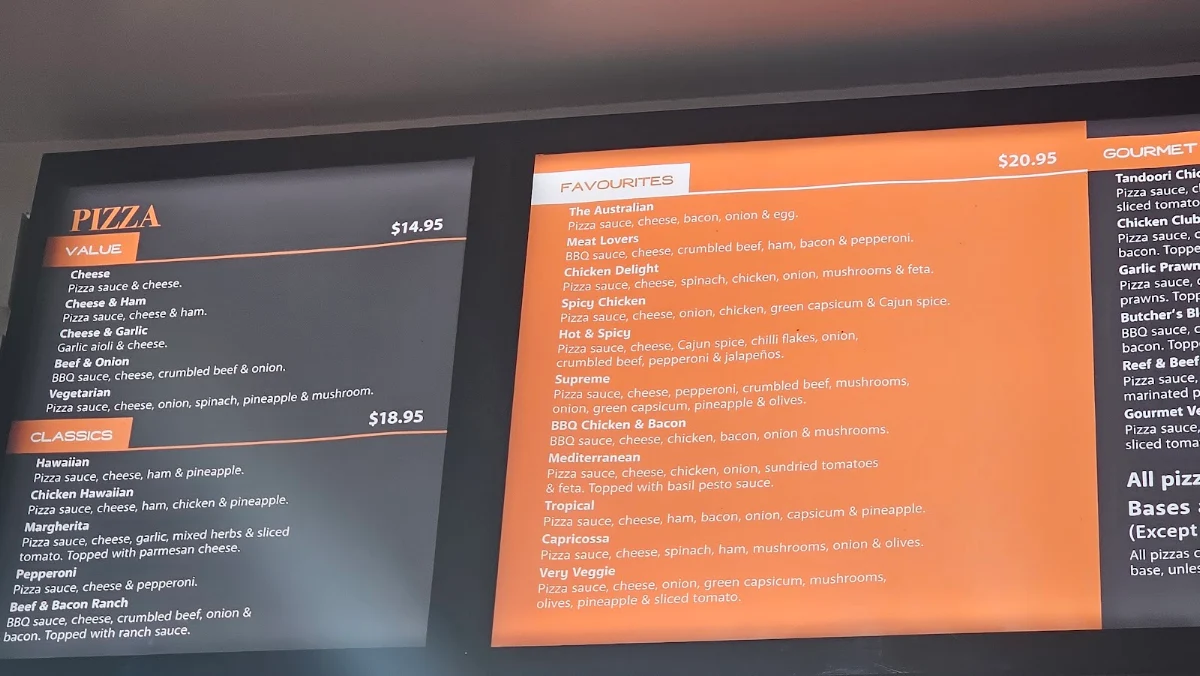 Menu, Boonah Pizza