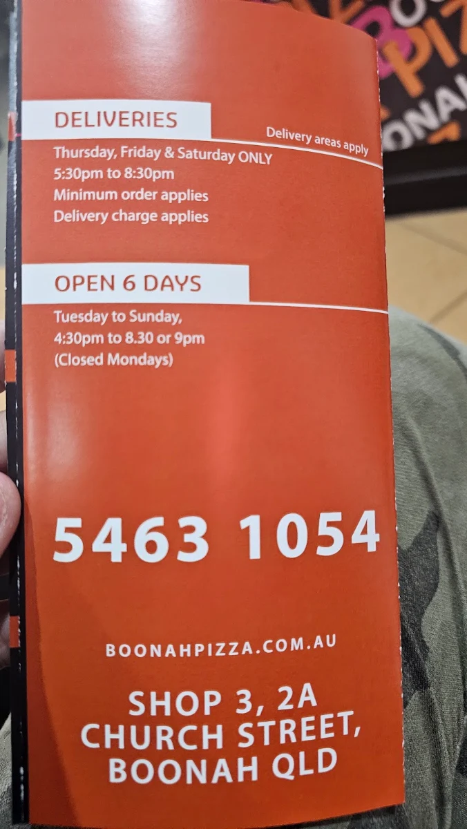 Menu, Boonah Pizza