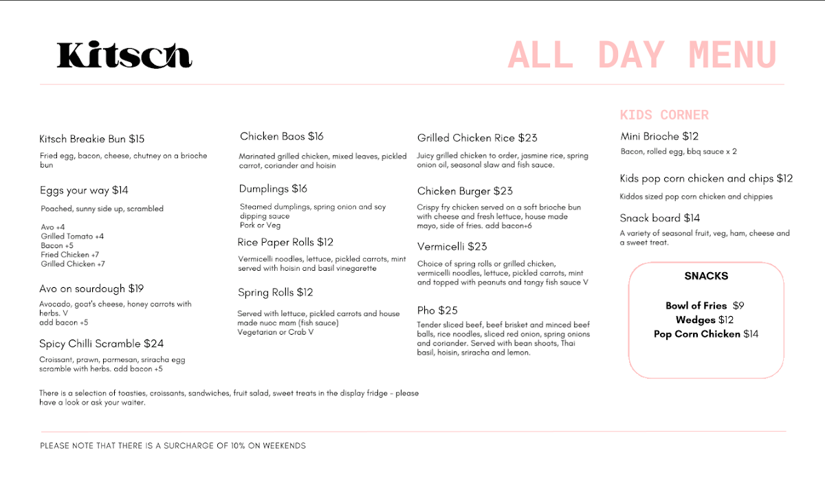 Menu, Kitsch Cafe