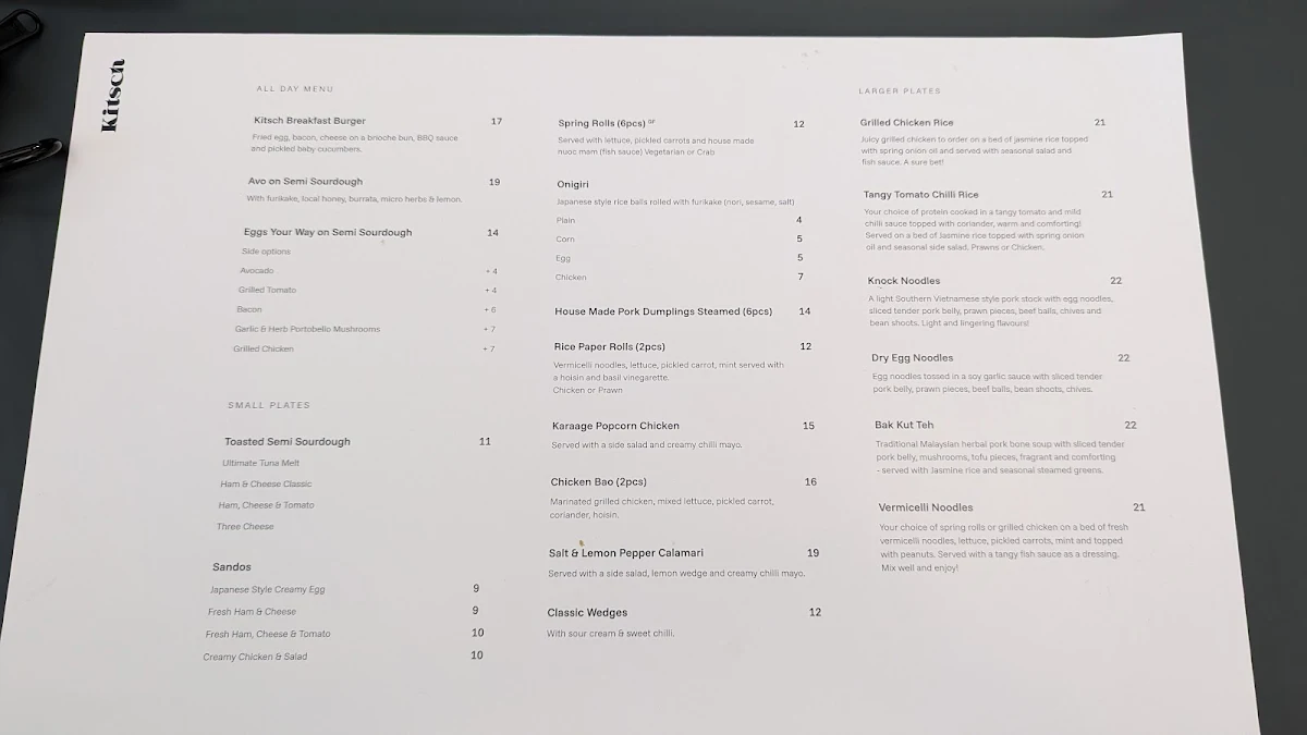 Menu, Kitsch Cafe