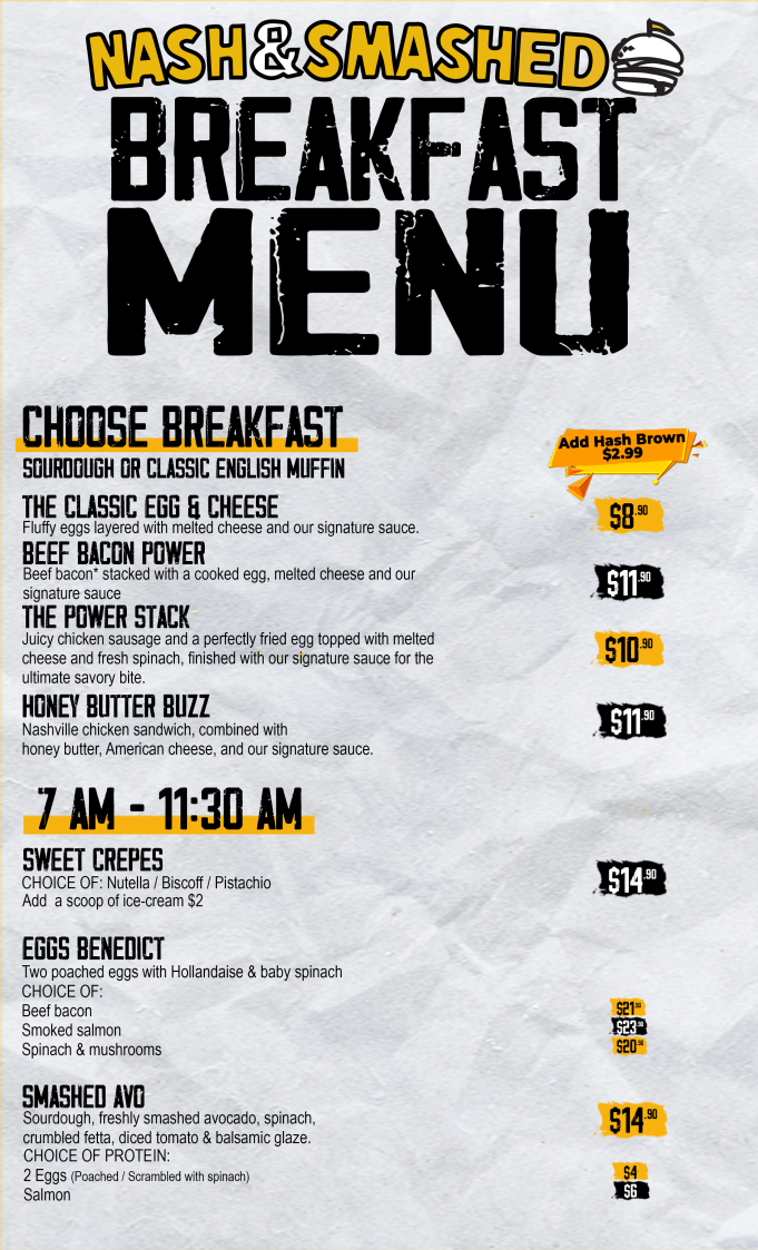 Menu, Nash & Smashed
