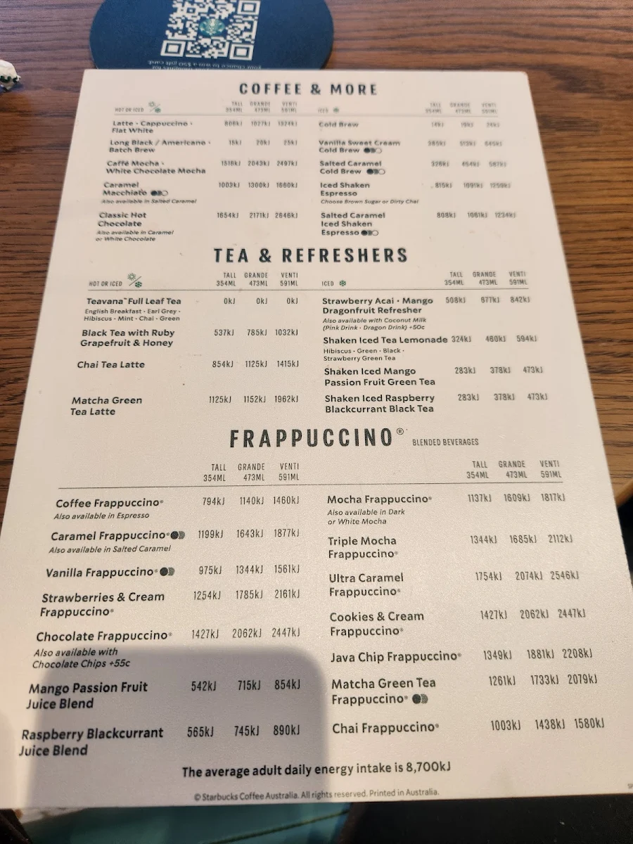 Menu, Starbucks Epping