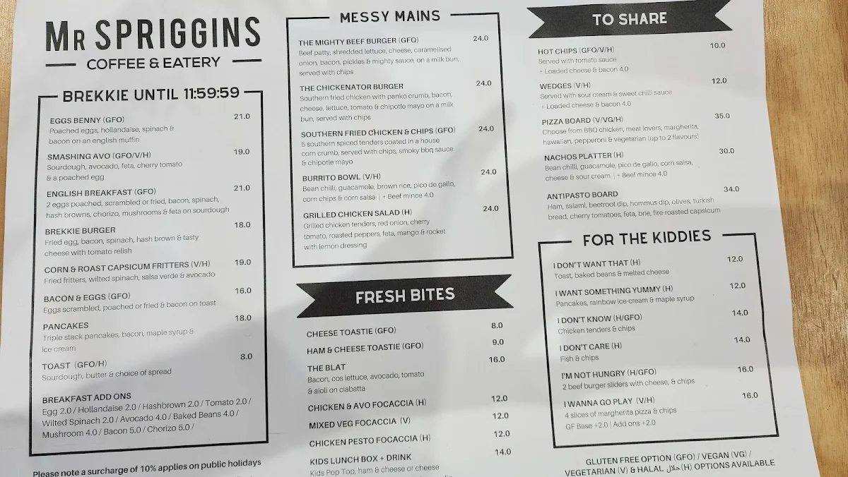 Menu, Mr Spriggins Coffee & Eatery