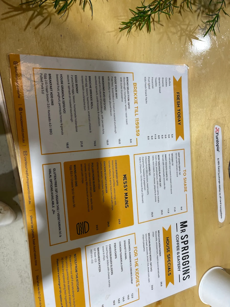 Menu, Mr Spriggins Coffee & Eatery