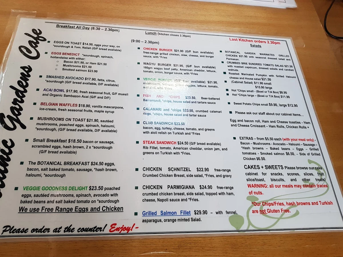 Menu, Botanic Gardens Cafe