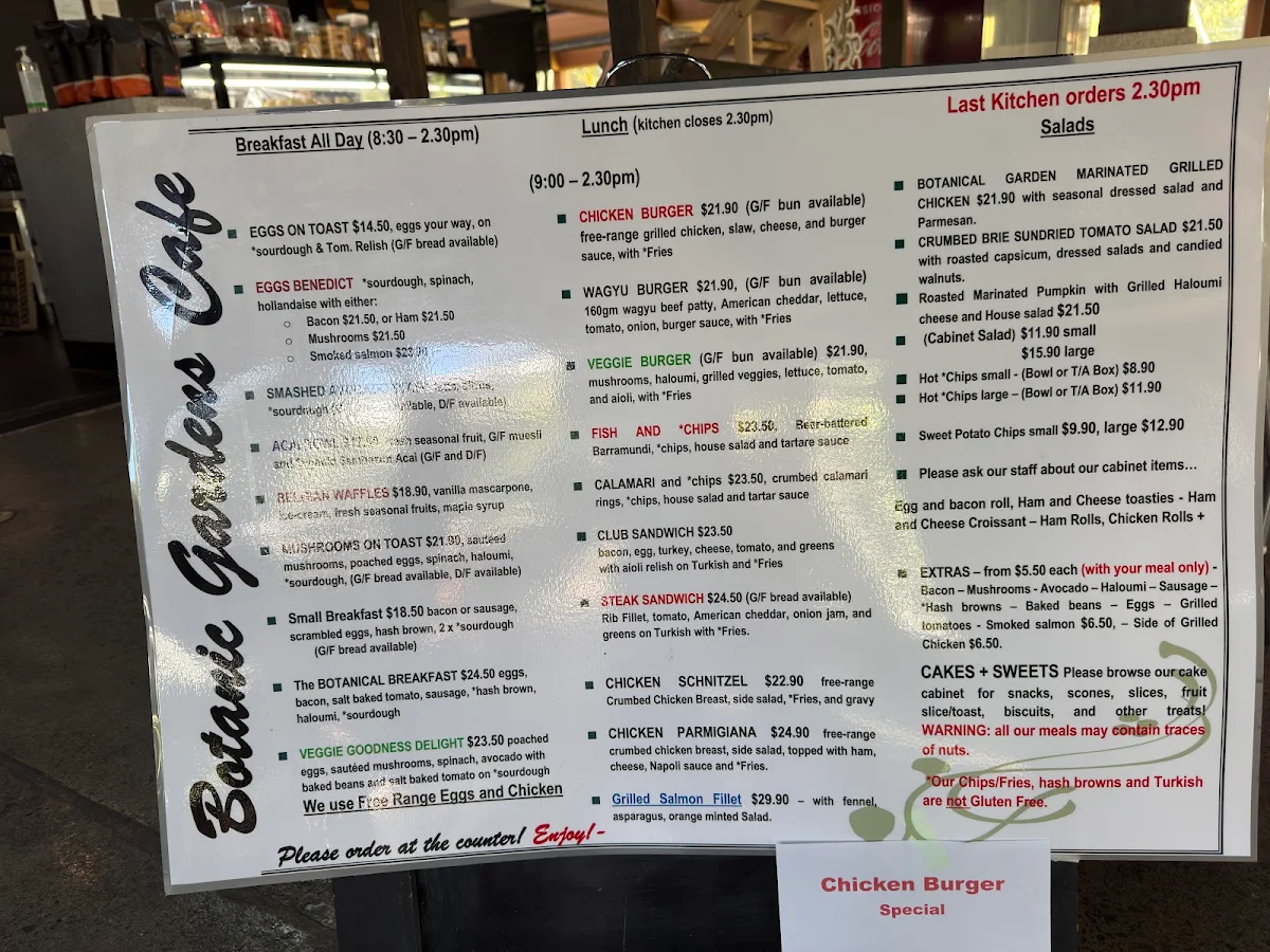 Menu, Botanic Gardens Cafe