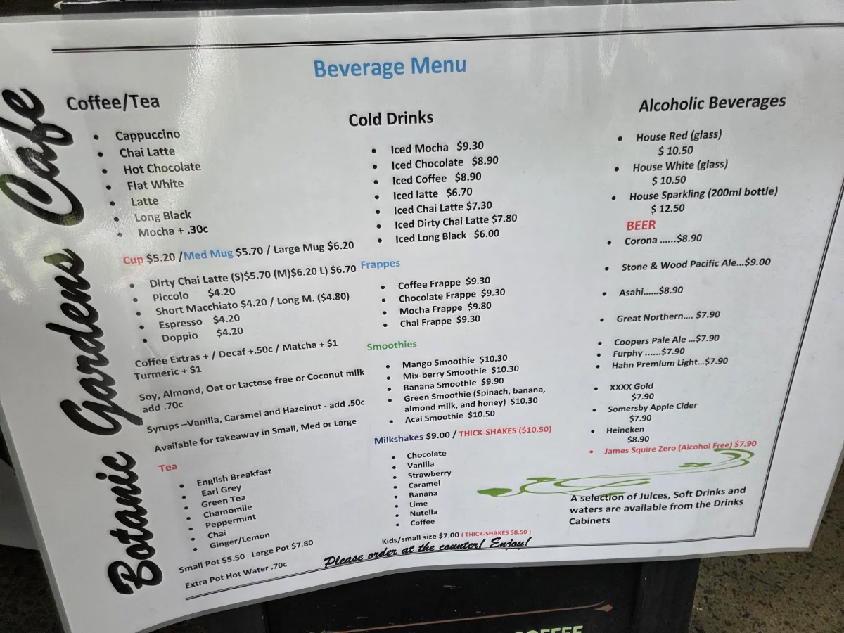 Menu, Botanic Gardens Cafe