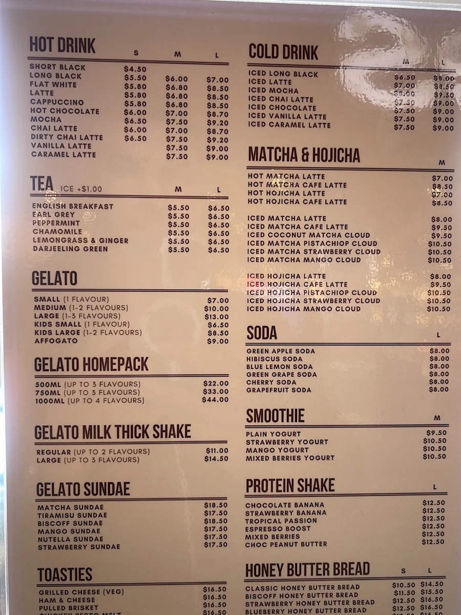 Menu, Amoroso Gelateria South Ripley