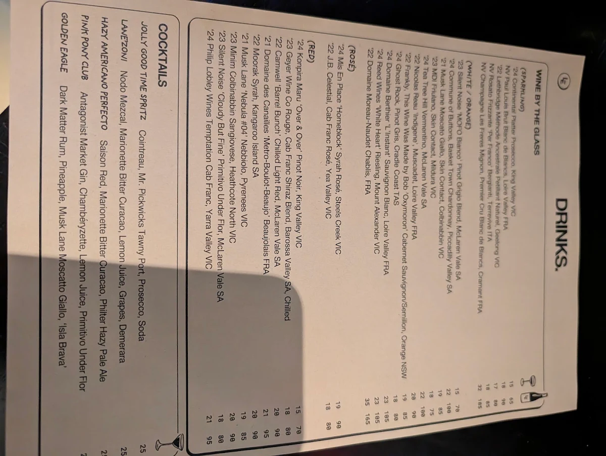 Menu, Lane's Edge Wine Bar
