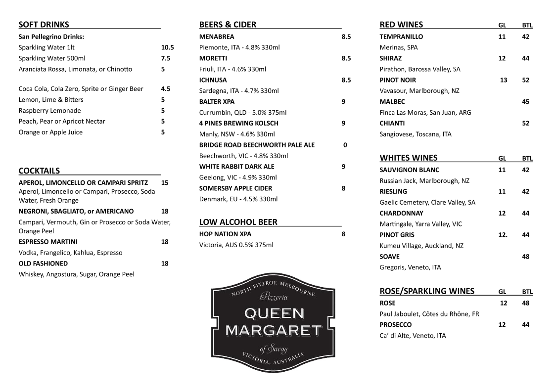 Menu, Queen Margaret Pizza