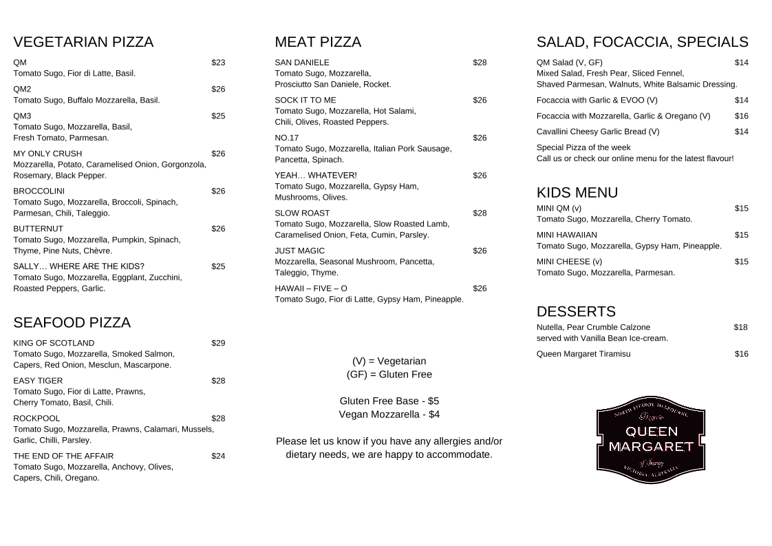 Menu, Queen Margaret Pizza