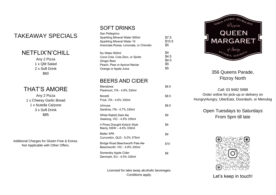 Menu, Queen Margaret Pizza