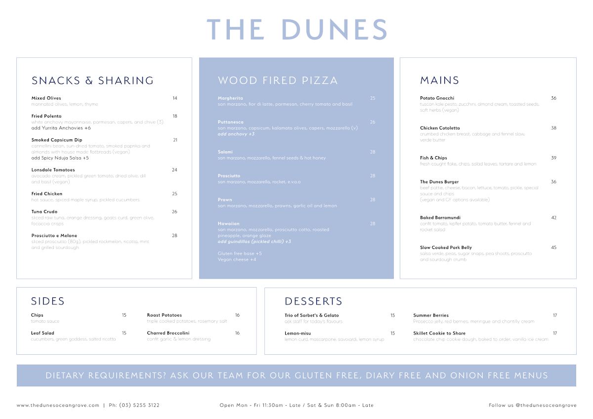 Menu, The Dunes Ocean Grove