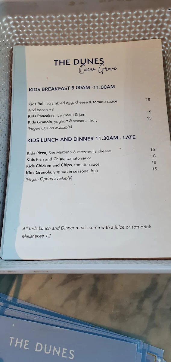 Menu, The Dunes Ocean Grove