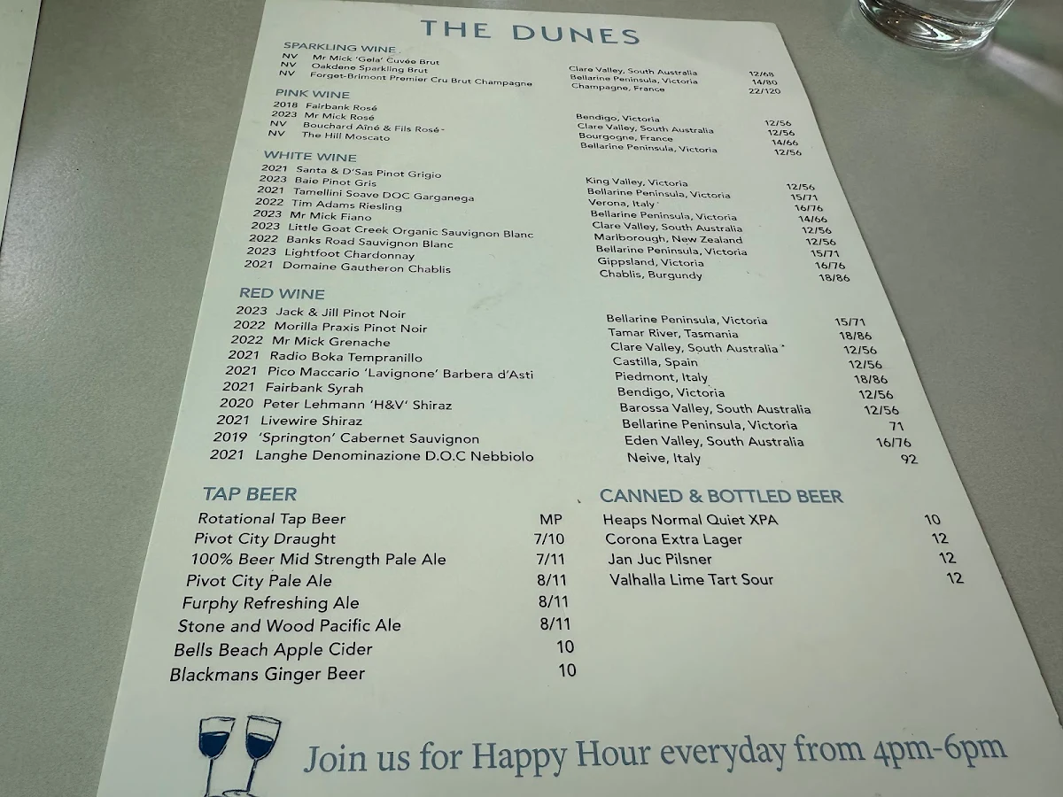 Menu, The Dunes Ocean Grove