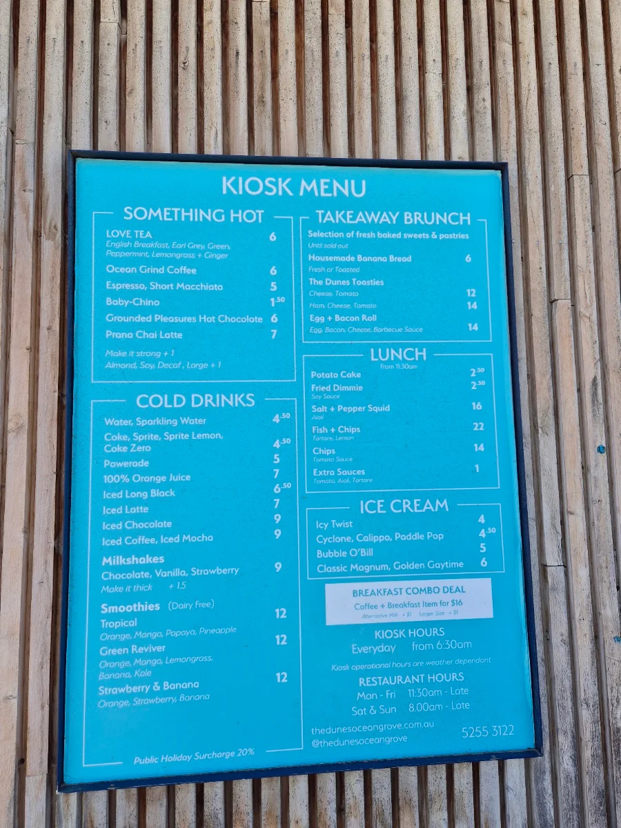 Menu, The Dunes Ocean Grove