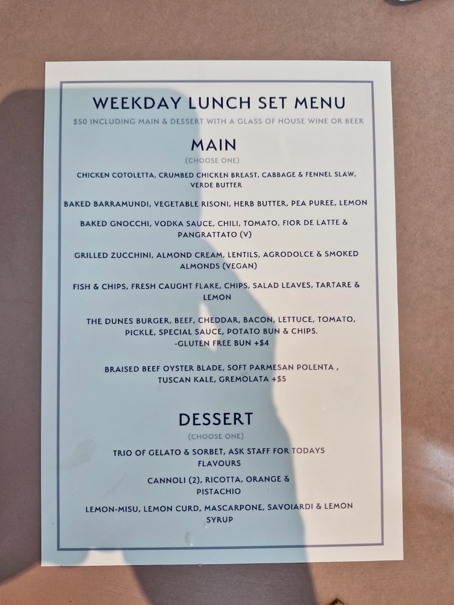 Menu, The Dunes Ocean Grove