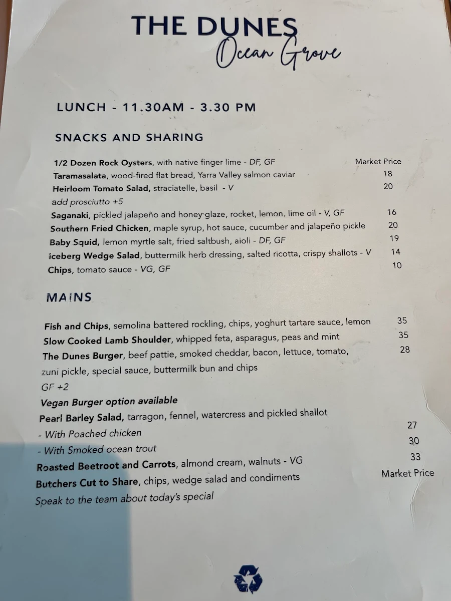 Menu, The Dunes Ocean Grove