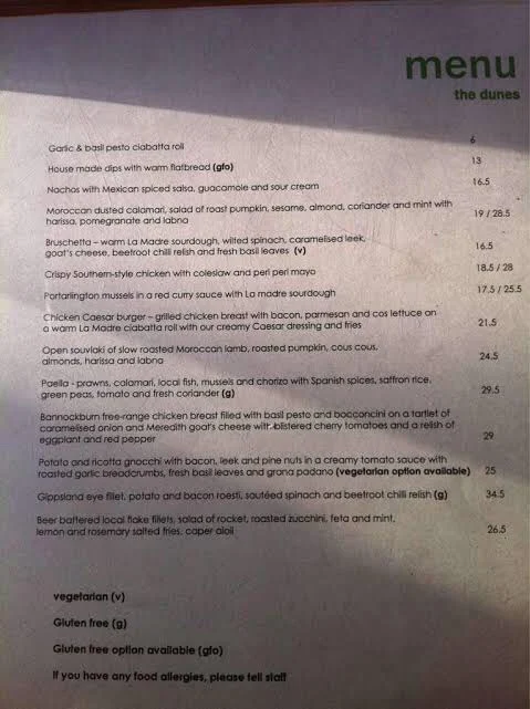 Menu, The Dunes Ocean Grove