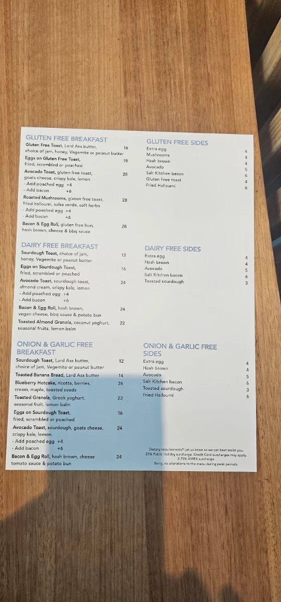 Menu, The Dunes Ocean Grove