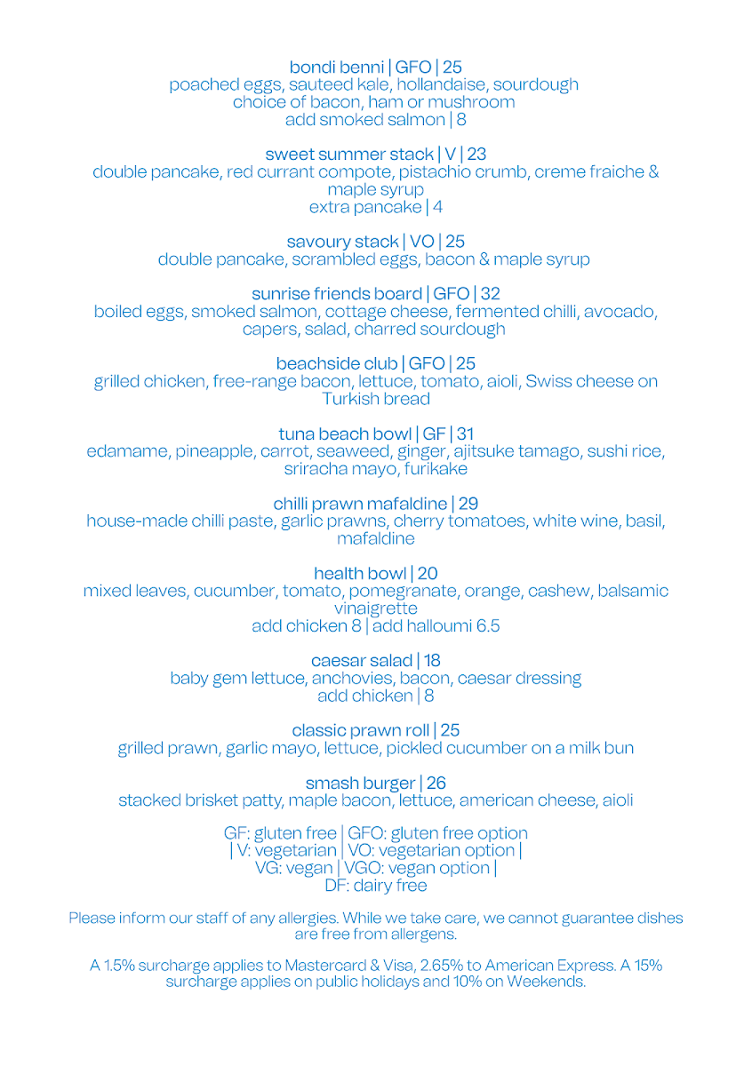 Menu, Glory Days Bondi
