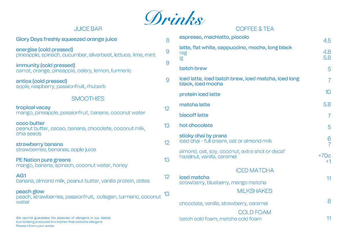 Menu, Glory Days Bondi