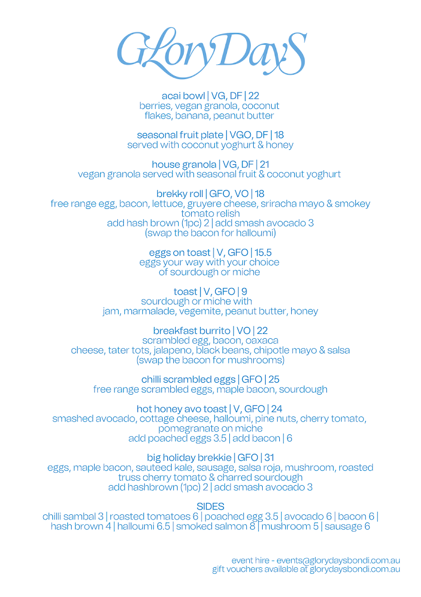 Menu, Glory Days Bondi