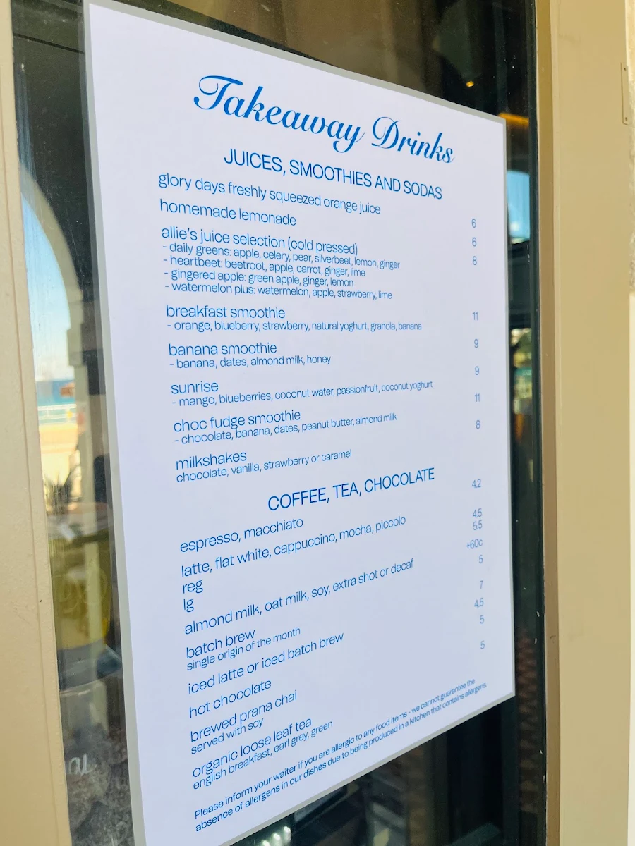 Menu, Glory Days Bondi