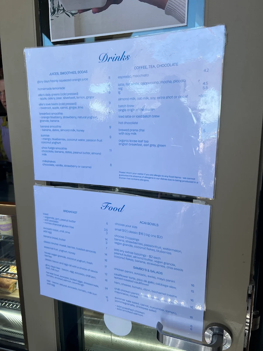 Menu, Glory Days Bondi