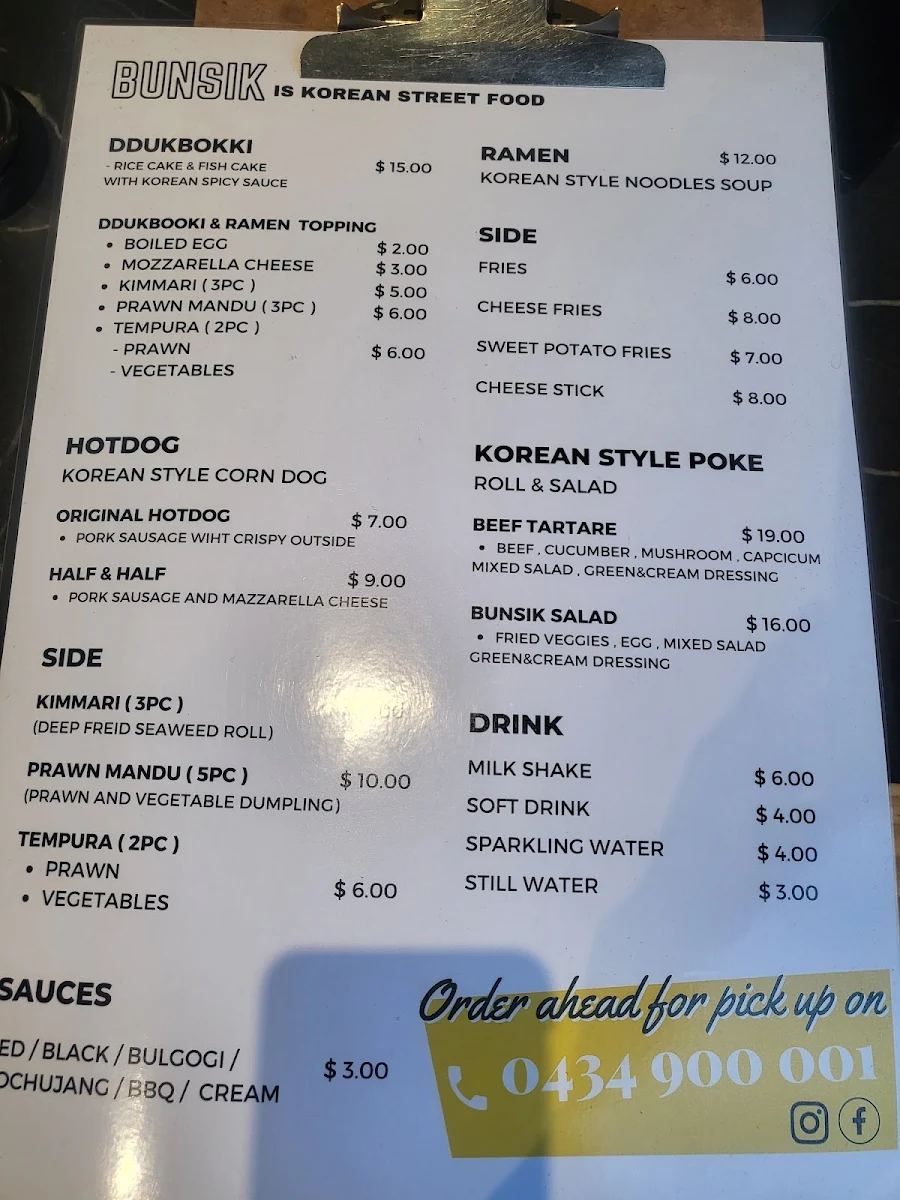 Menu, The Bunsik Burger - Surry Hills