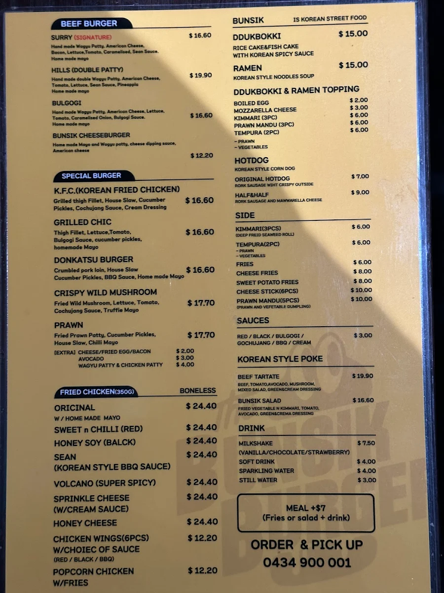 Menu, The Bunsik Burger - Surry Hills