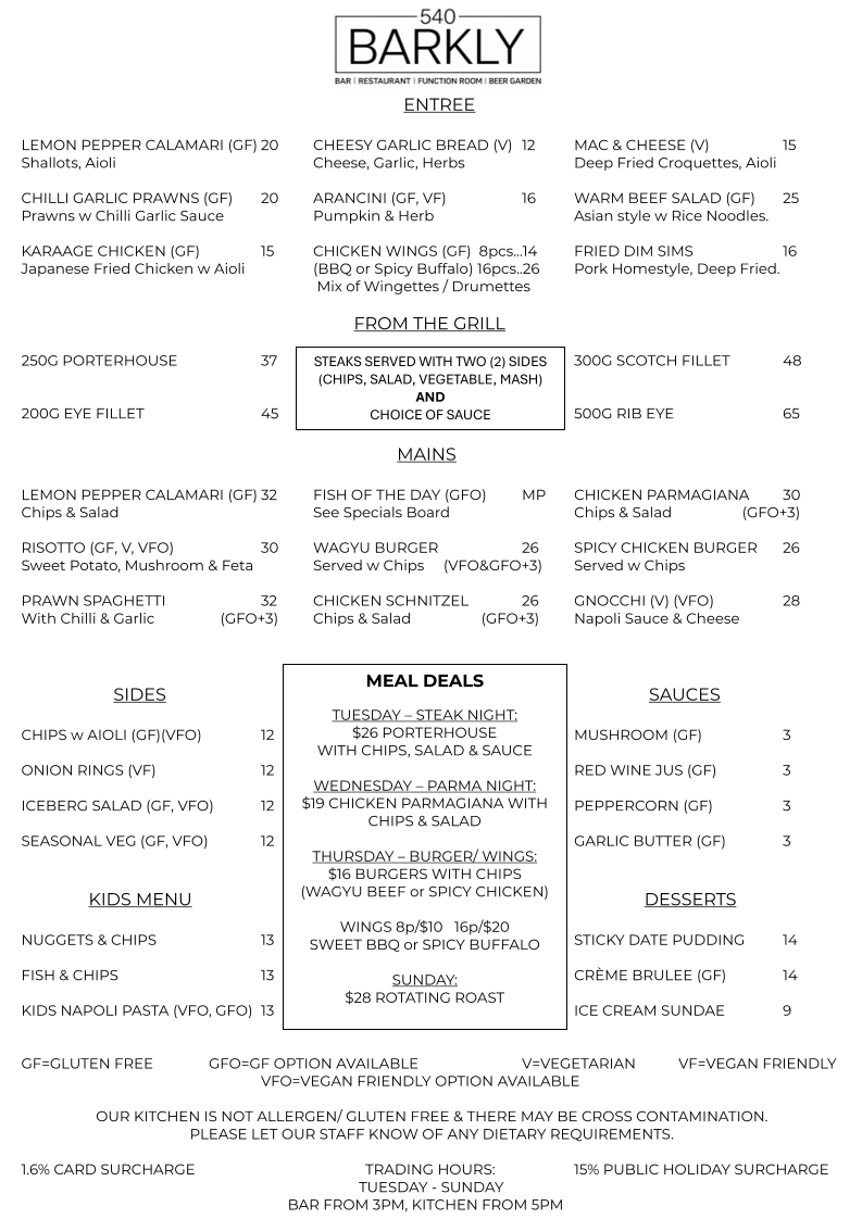 Menu, 540 on Barkly