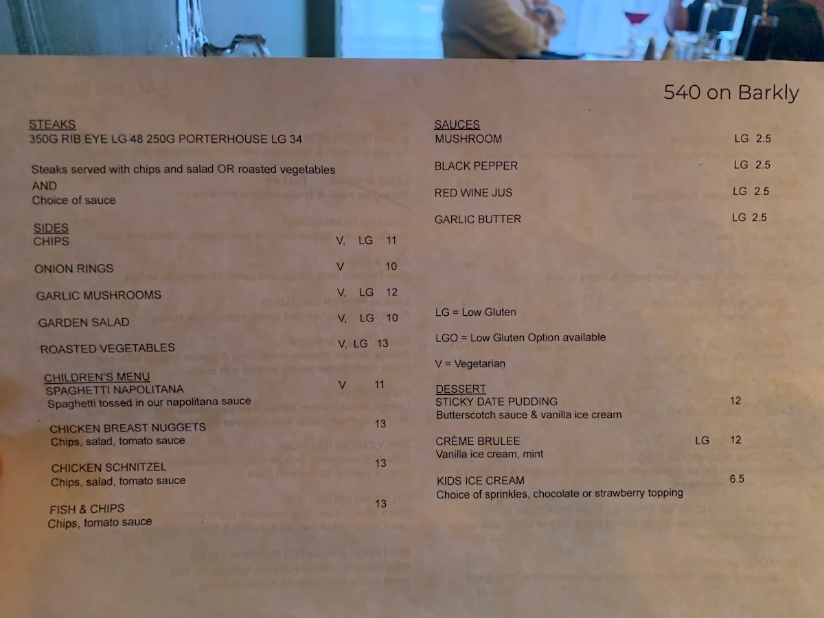 Menu, 540 on Barkly