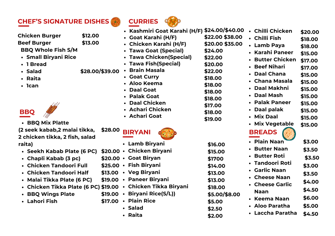 Menu, Karachi Biryani and Karahi Auburn