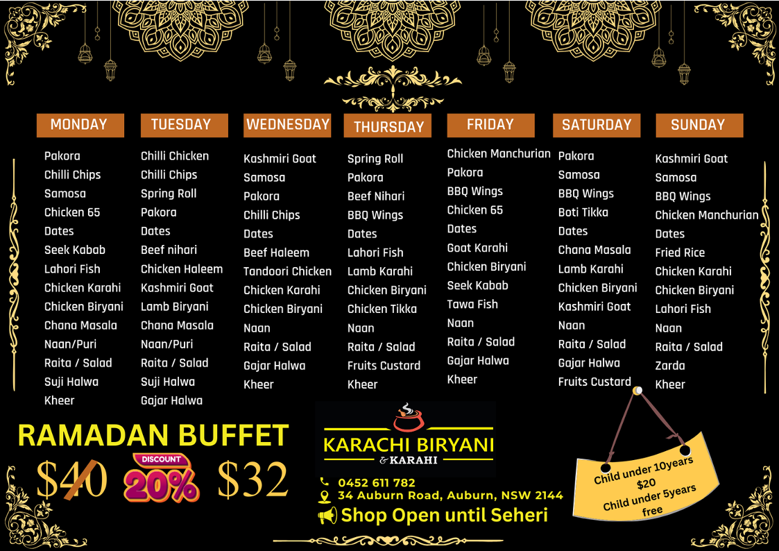 Menu, Karachi Biryani and Karahi Auburn