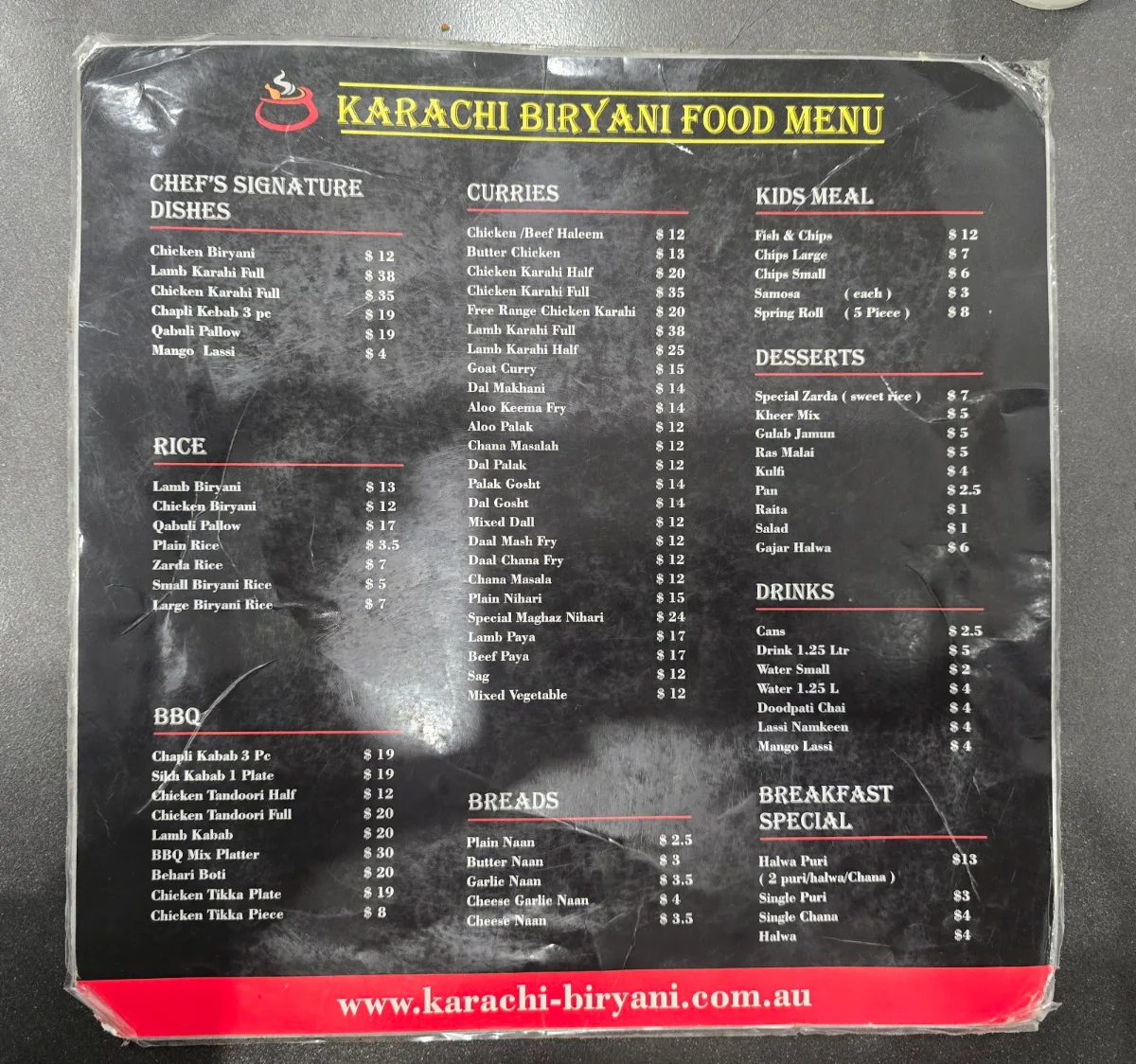 Menu, Karachi Biryani and Karahi Auburn
