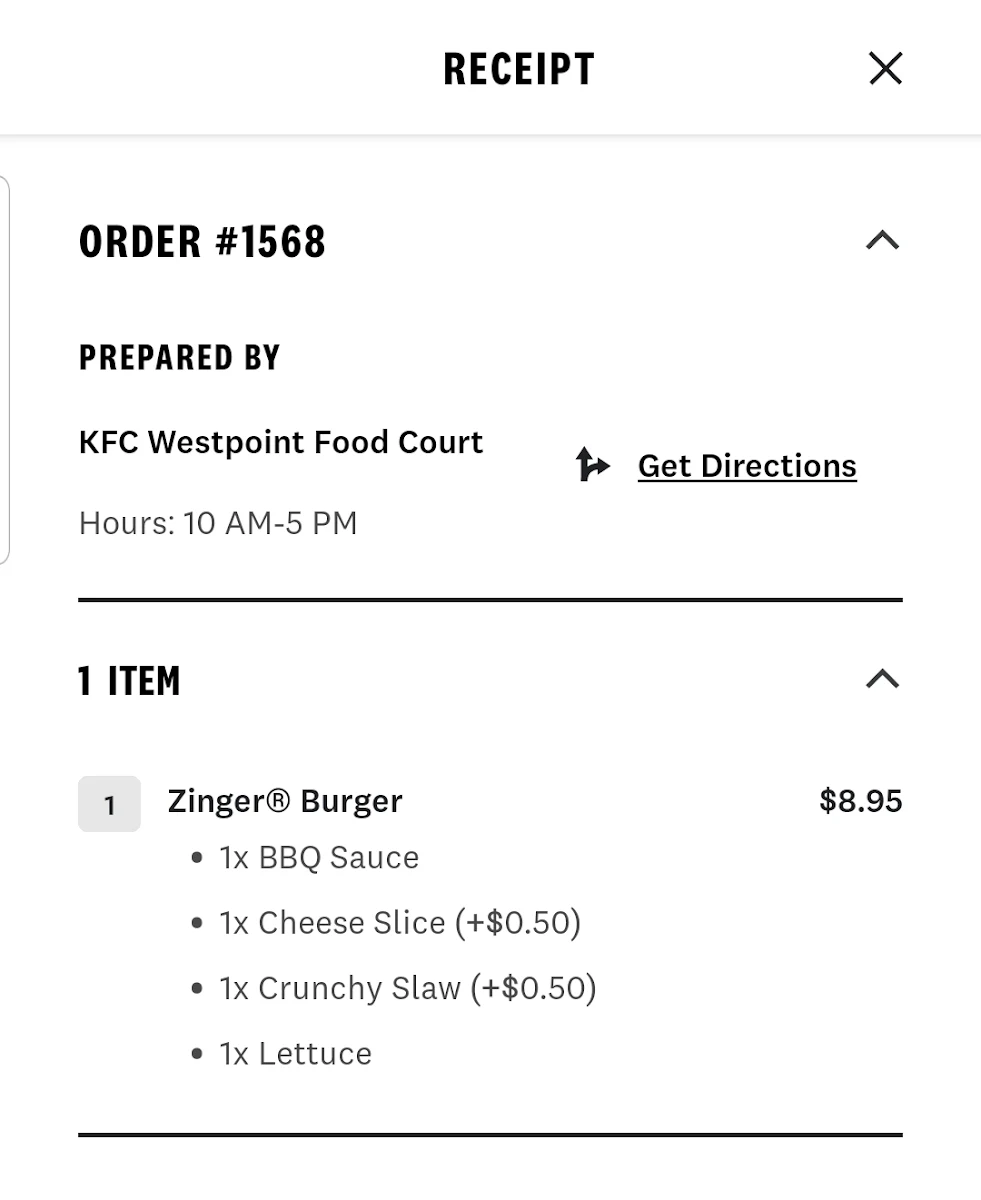 Menu, KFC Westpoint Food Court