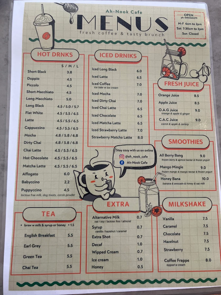 Menu, Ah-Nook Cafe