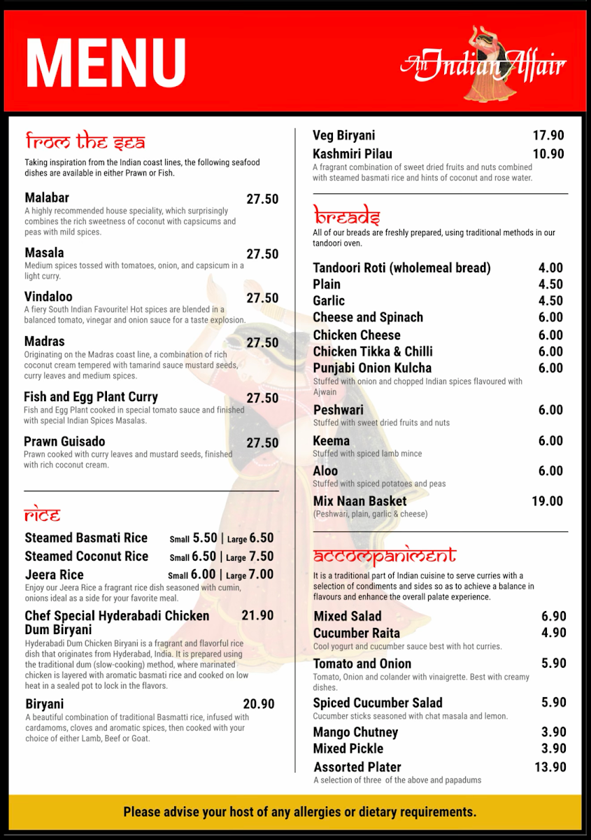 Menu, An Indian Affair