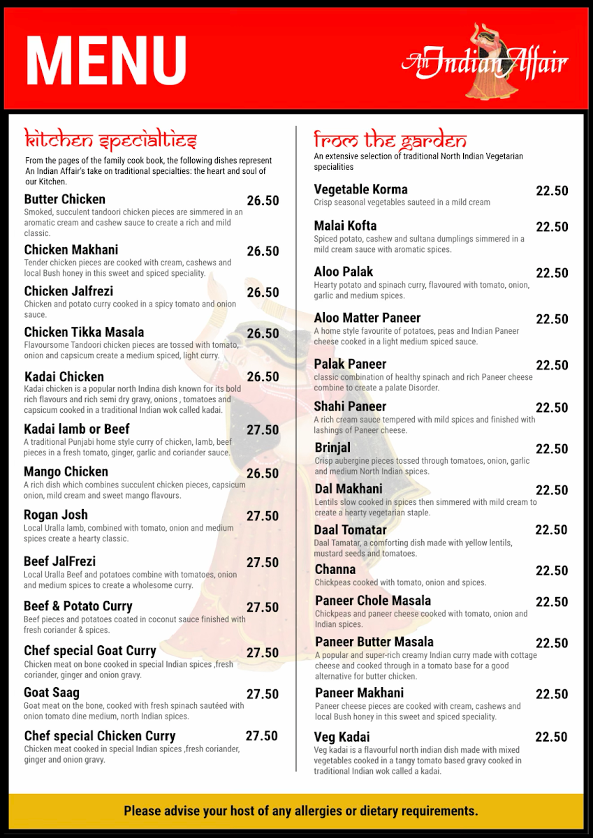 Menu, An Indian Affair