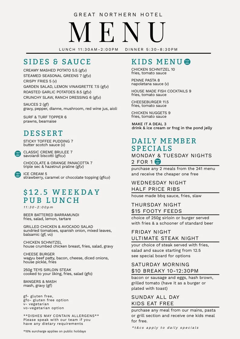 Menu, Great Northern Hotel