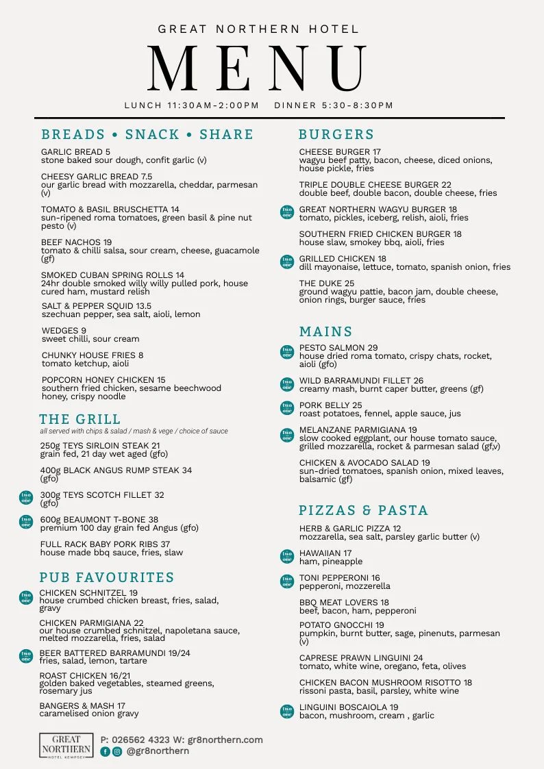 Menu, Great Northern Hotel