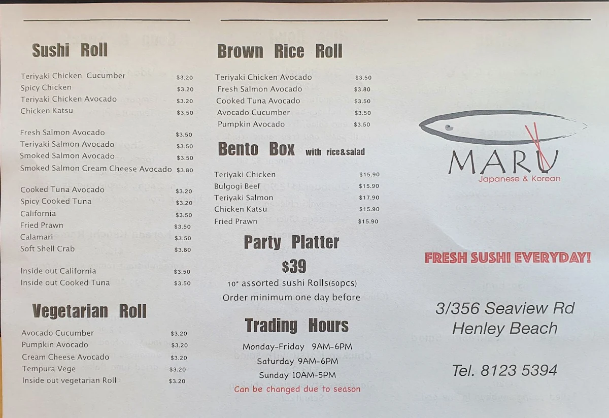 Menu, Maru Japanese and Korean