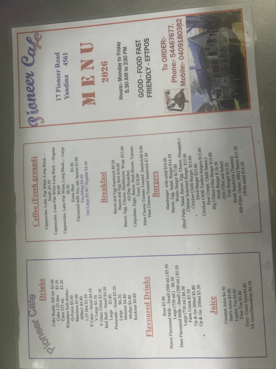 Menu, Pioneer Cafe