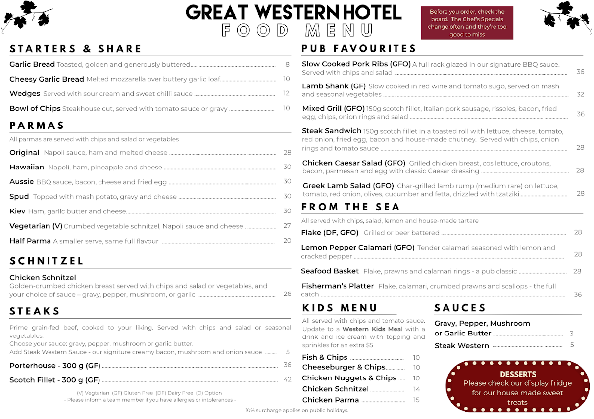 Menu, Great Western Hotel
