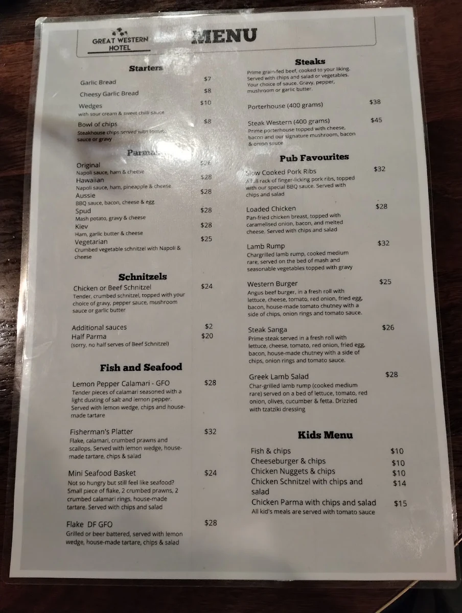 Menu, Great Western Hotel