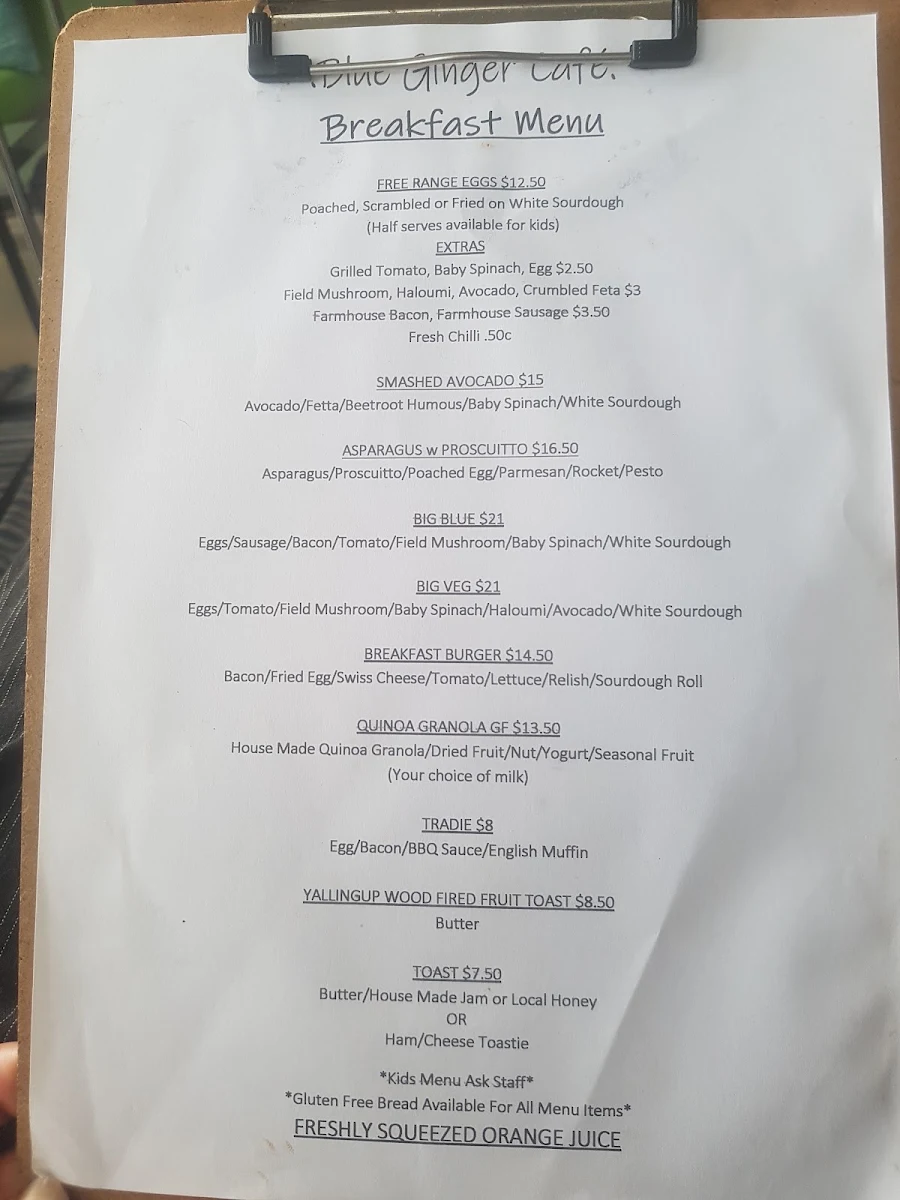 Menu, Blue Ginger Fine Foods