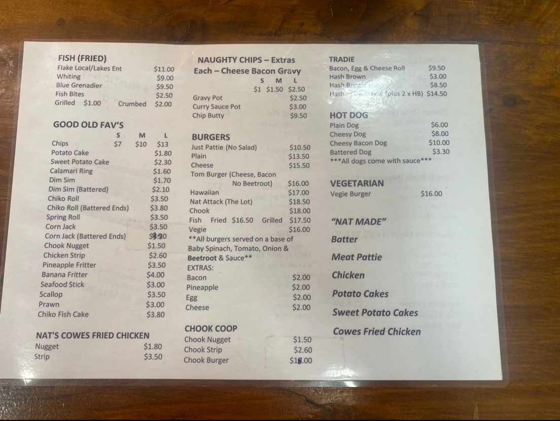 Menu, Nat's Rustic Beach Feed