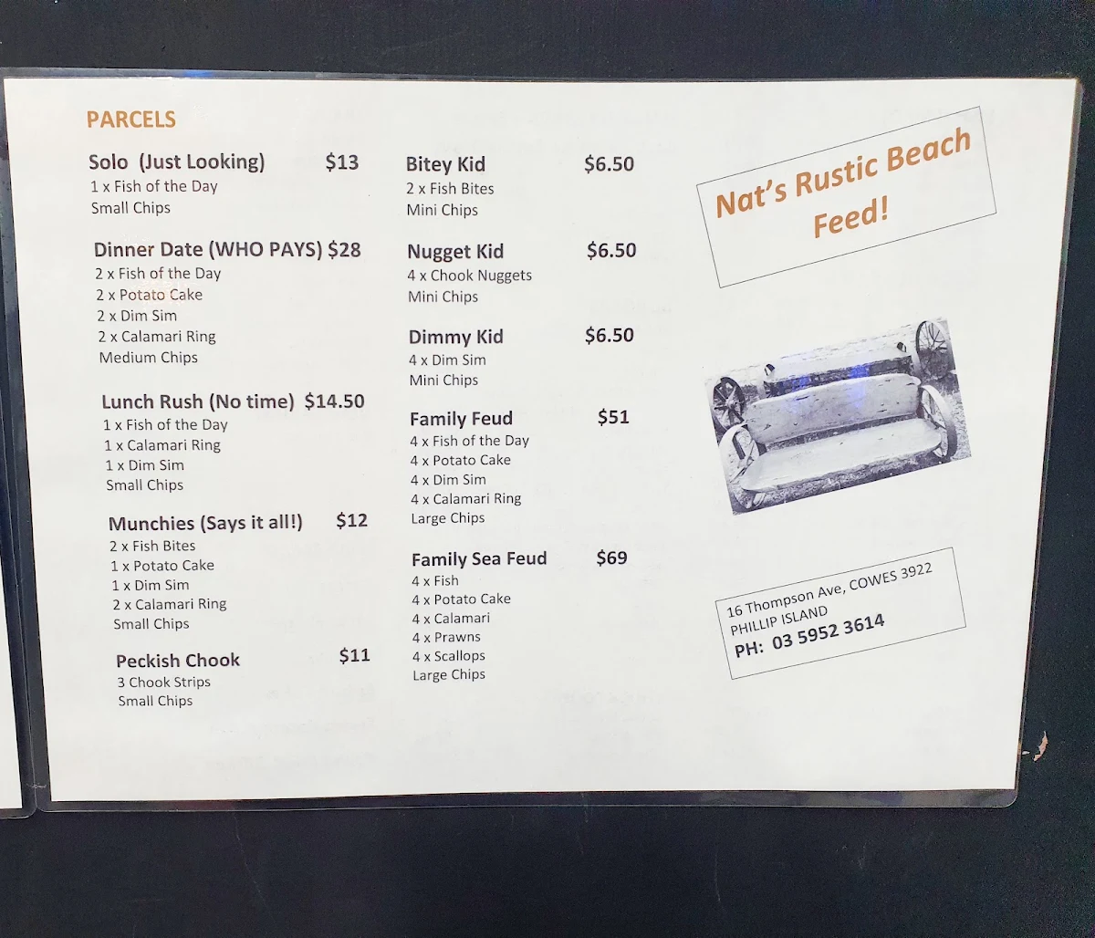 Menu, Nat's Rustic Beach Feed